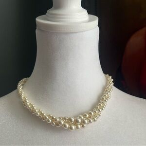 - Vintage Napier faux pearl triple rope necklace with gold tone clasp.